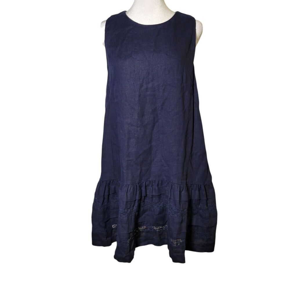 J.CREW Navy Blue Linen Ruffle Hem Shift Dress Womens S Lagenlook Coastal Grandma